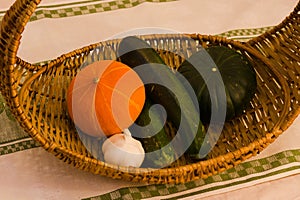 Cucumber, shoe and garlic in a basket.