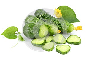 Cucumber with sliced cucumber and leaf isolated on white background