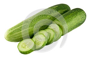 Cucumber and slices isolated over white background.