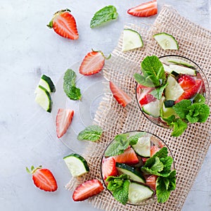 Cucumber strawberry mint fresh infused water detox drink cocktail lemonade