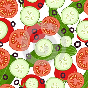 Cucumber, tomato, olive slices seamless pattern. Salad Ingredients. Vegetables for healthy food. Healthy nutrition, diet