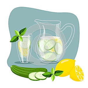 Cucumber water with lemon. Cool fresh lemonade in glass pitcher and glass. Summer drink and fruit and mint. Cold detox