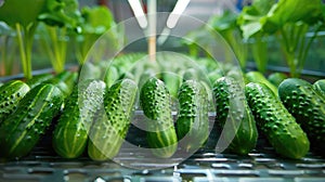 Cucumbers aligned under grow lights in indoor farm.