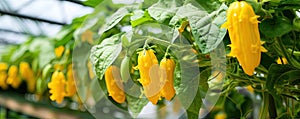 Cucumbers growing on branches with yellow flowers. Fresh Cucmber banner