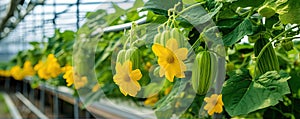 Cucumbers growing on branches with yellow flowers. Fresh Cucmber banner