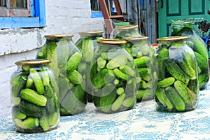 Cucumbers in the jars prepared for preservation