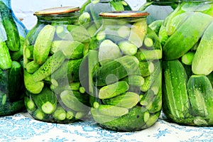 Cucumbers in the jars prepared for preservation