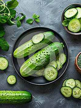 Cucumbers and mint leaves on a table