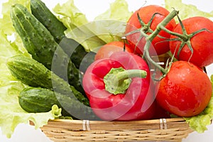 Cucumbers, tomatoes, peppers, lettuce in basket