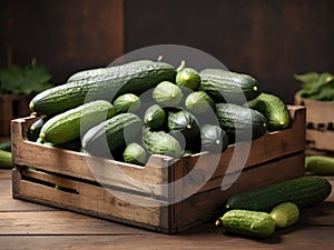 Cucumbers in wooden crate. Generated with AI