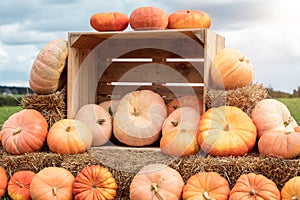 Cucurbita maxima, pumpkins on straw bale and wooden box