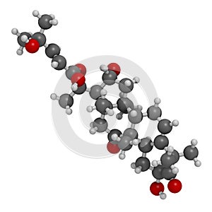 Cucurbitacin D bitter molecule. 3D rendering. Atoms are represented as spheres with conventional color coding: hydrogen white, photo