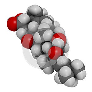 Cucurbitacin D bitter molecule. 3D rendering. Atoms are represented as spheres with conventional color coding: hydrogen white, photo