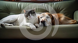 cuddle dog and cat on couch