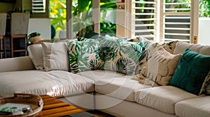 Cuddle up on the comfortable oversized couch dd in plush leafpatterned cushions and throws. The room is scented with a