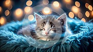 Sleepy Kitten Napping on a Cozy Blanket A Sweet Nighttime Pet Portrait Capturing the Adorable Charm of a photo