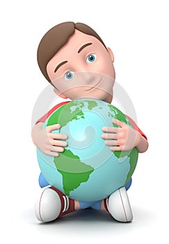 Cuddling the World. 3D Cartoon Character Illustration