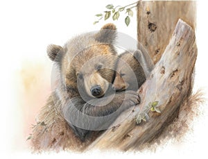 A cuddly bear cub snuggling up against its mother under a tree. Cute creature. AI generation