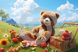 Cuddly brown teddy bear sits near a basket and colorful blooms by Generative AI