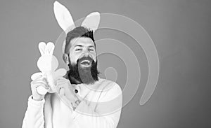 Cuddly bunny. Symbolizing spring, new life and fertility. Bearded man in easter rabbit costume holding hare toy. Happy