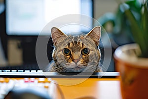 Cuddly Cat Supervises Office Operations From Behind The Computer