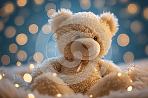 Cuddly charm Teddy bear against a backdrop of shimmering bokeh lights