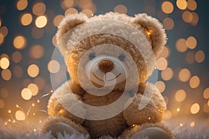 Cuddly charm Teddy bear against a backdrop of shimmering bokeh lights