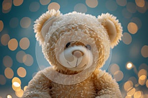 Cuddly charm Teddy bear against a backdrop of shimmering bokeh lights