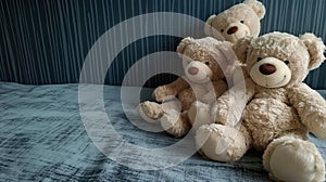 Cuddly Companions: Adorable Plush Teddy Bears Against a Serene Blue Background - This title conveys the theme of companionship