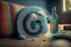 Cuddly extrange funny criatures, drinking, with blank signboards to help to communicate the messages, copy space, generative ai photo