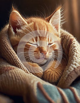 A cuddly ginger kitten nestles in a cozy blanket, peacefully dozing off with a contented purr