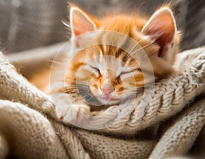 A cuddly ginger kitten nestles in a cozy blanket, peacefully dozing off with a contented purr