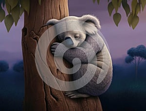 A cuddly koala hugged a tree with love content in its evening solitude. Cute creature. AI generation