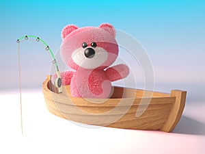 Cuddly pink fluffy teddy bear character is fishing from a dinghy boat, 3d illustration