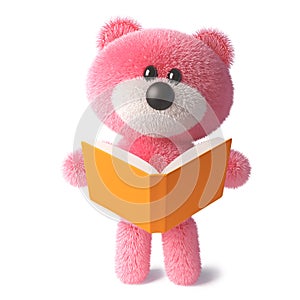 Cuddly pink fluffy teddy bear character reading a book, 3d illustration