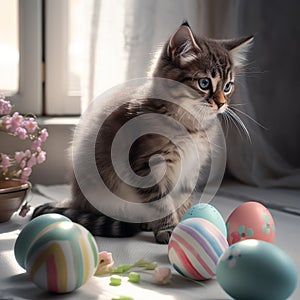 cuddly sweet grey tabby Baby Cat sitting in a room with window and looking on many coloured easter eggs Generative AI