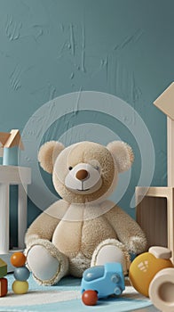 A cuddly teddy bear sits amongst an array of classic wooden toys, presenting a heartwarming scene of traditional play in