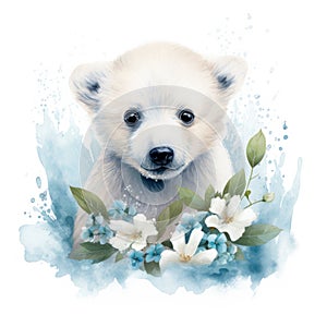 Cuddly Watercolor Baby Polar Bear Amidst Icy Glaciers AI Generated