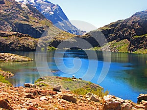 Cuellar Lagoon. Andes mountains in Achibueno Valley, Linares, Maule, Chile