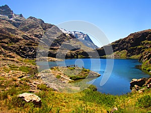 Cuellar Lagoon. Andes mountains in Achibueno Valley, Linares, Maule, Chile