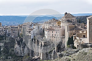 Cuenca view of the old town with its medieval buildings on the rocks of the gorges of the Jucar and Huecar rivers. europe spain photo
