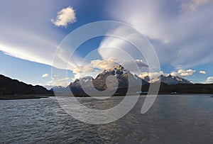 Cuernos del Paine and Lago Grey at sunset, Torres del Paine National Park, Chile