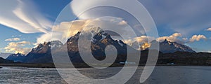 Cuernos del Paine and Lago Grey at sunset, Torres del Paine National Park, Chile