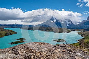 Cuernos del Paine, Lago Pehoe, Torres del Paine National Park in Chilean Patagonia. Chile