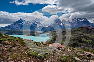 Cuernos del Paine, Lago Pehoe, Torres del Paine National Park in Chilean Patagonia, Chile photo