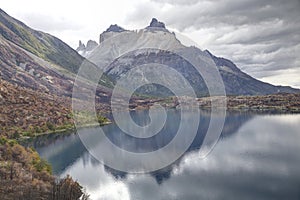 Cuernos del paine reflected at the lake photo