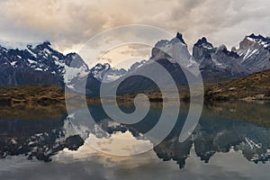 Cuernos del Paine reflecting in Lake Pehoe, Torres del Paine National Park, Chile