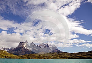 Cuernos del Paine view from Lake Pehoe in Torres del Paine National Park, Magallanes Region, southern Chile