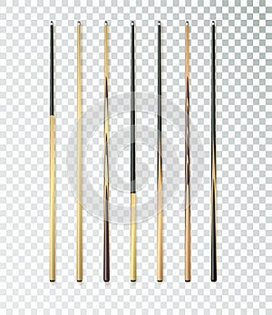 Cues for billiard, snooker realistic templates. Wooden sticks with various design for cuesports. Vector