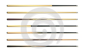 Cues for billiard, snooker realistic templates. Wooden sticks with various design for cuesports. Vector